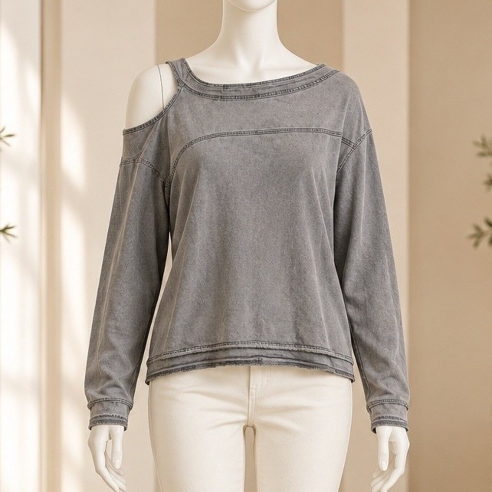 Zara Womens Top One Shoulder Cold Shoulder Embroidered Grey Medium